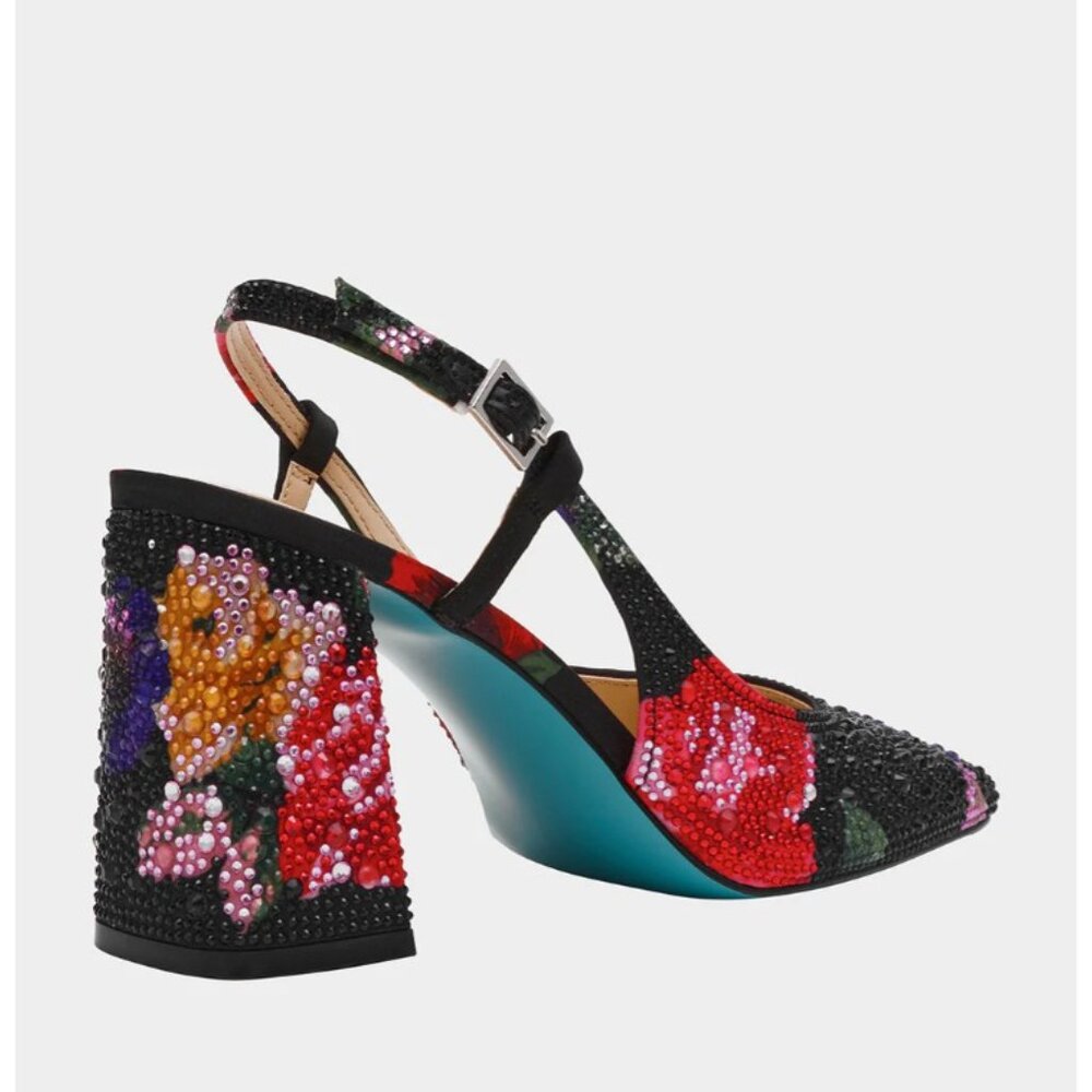 Betsey Johnson New in Box Women's size 9 Black Multi Floral Rhinestone Heels - Picture 3 of 5
